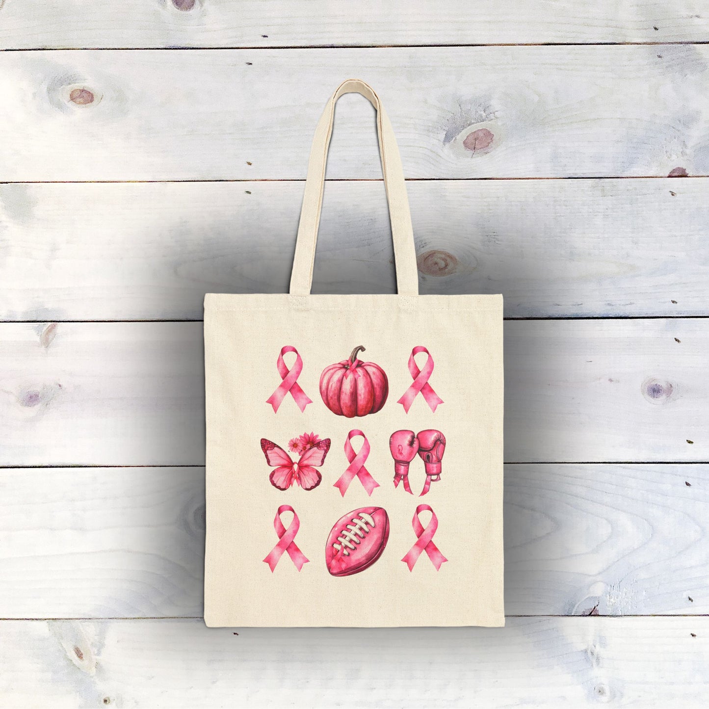 October Breast Cancer Awareness Canvas Tote Bag – Pink Ribbon, Pink Pumpkin, and More