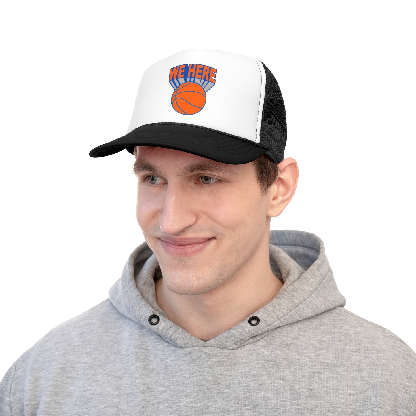 New York 'We Here' Trucker Hat - Adjustable Snapback, Durable Polyester & Nylon Mesh