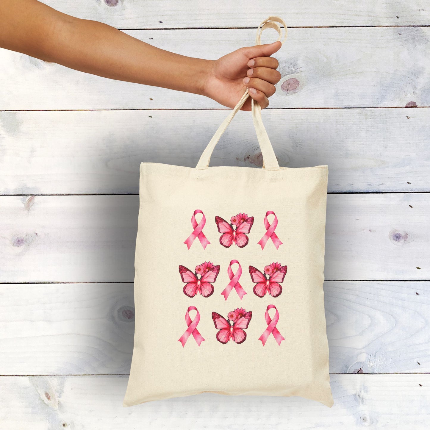 October Breast Cancer Awareness Canvas Tote Bag – Pink Ribbon and Butterfly