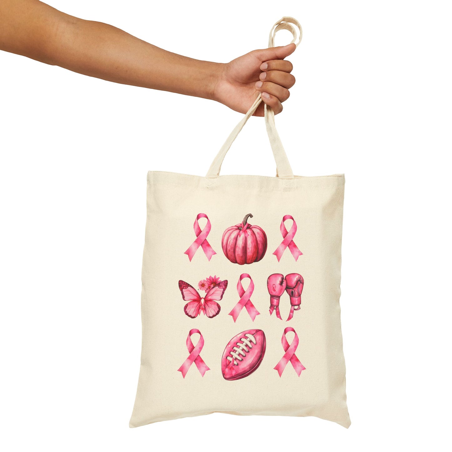 October Breast Cancer Awareness Canvas Tote Bag – Pink Ribbon, Pink Pumpkin, and More