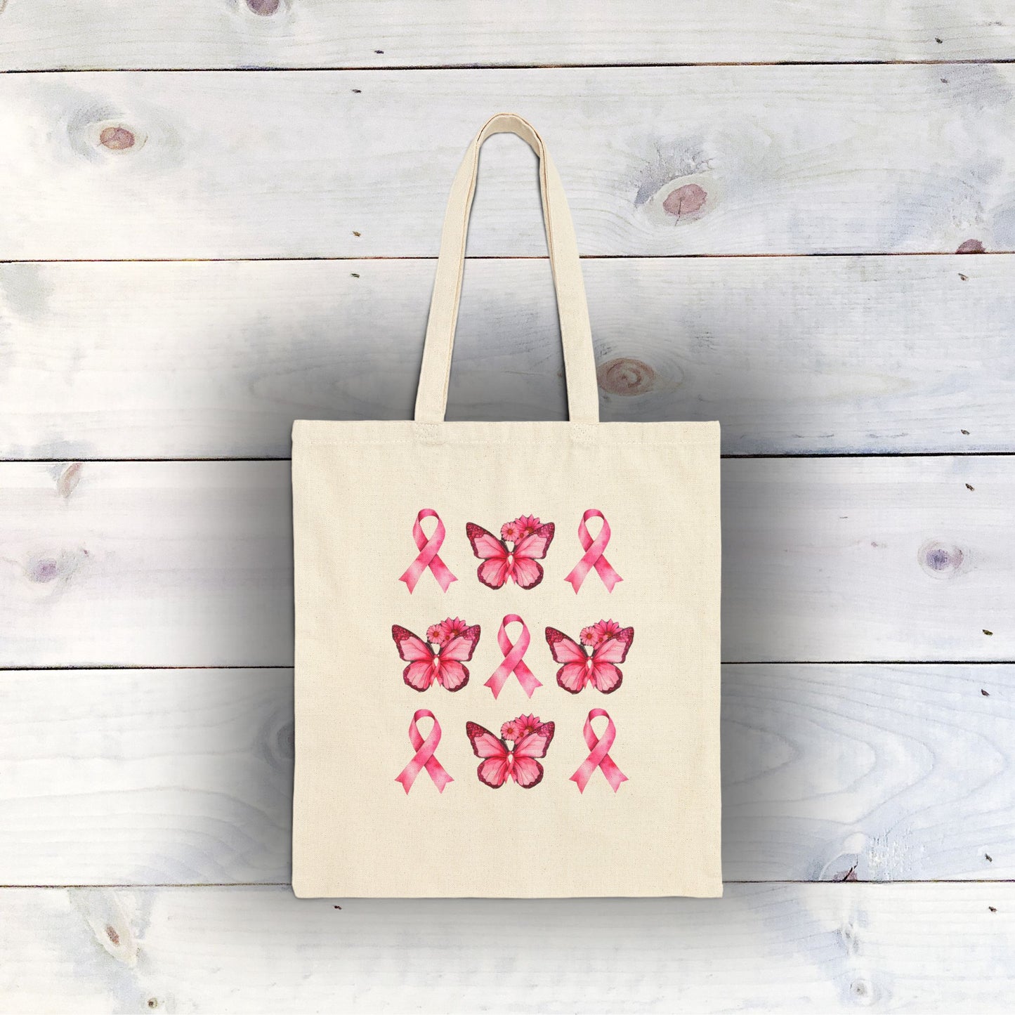 October Breast Cancer Awareness Canvas Tote Bag – Pink Ribbon and Butterfly