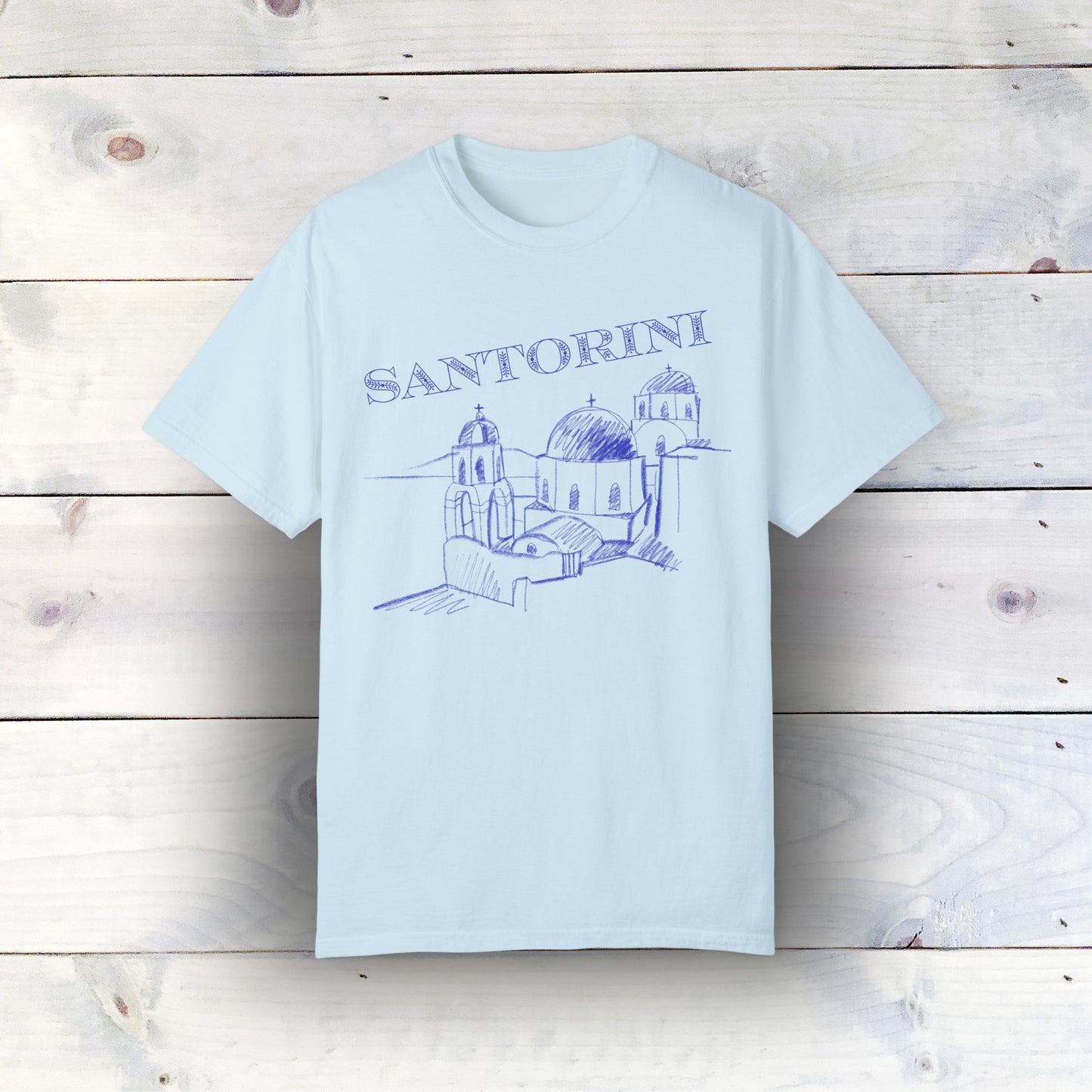 Santorini Coastline Graphic T-Shirt - Comfort Colors 1717, 100% Ring-Spun Cotton, Relaxed Fit