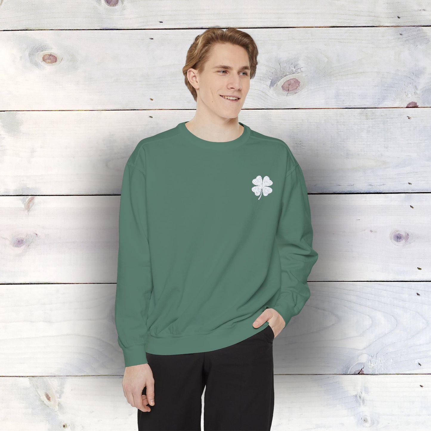 Embroidered Shamrock Unisex Garment-Dyed Sweatshirt - Cozy St. Patrick's Day Apparel