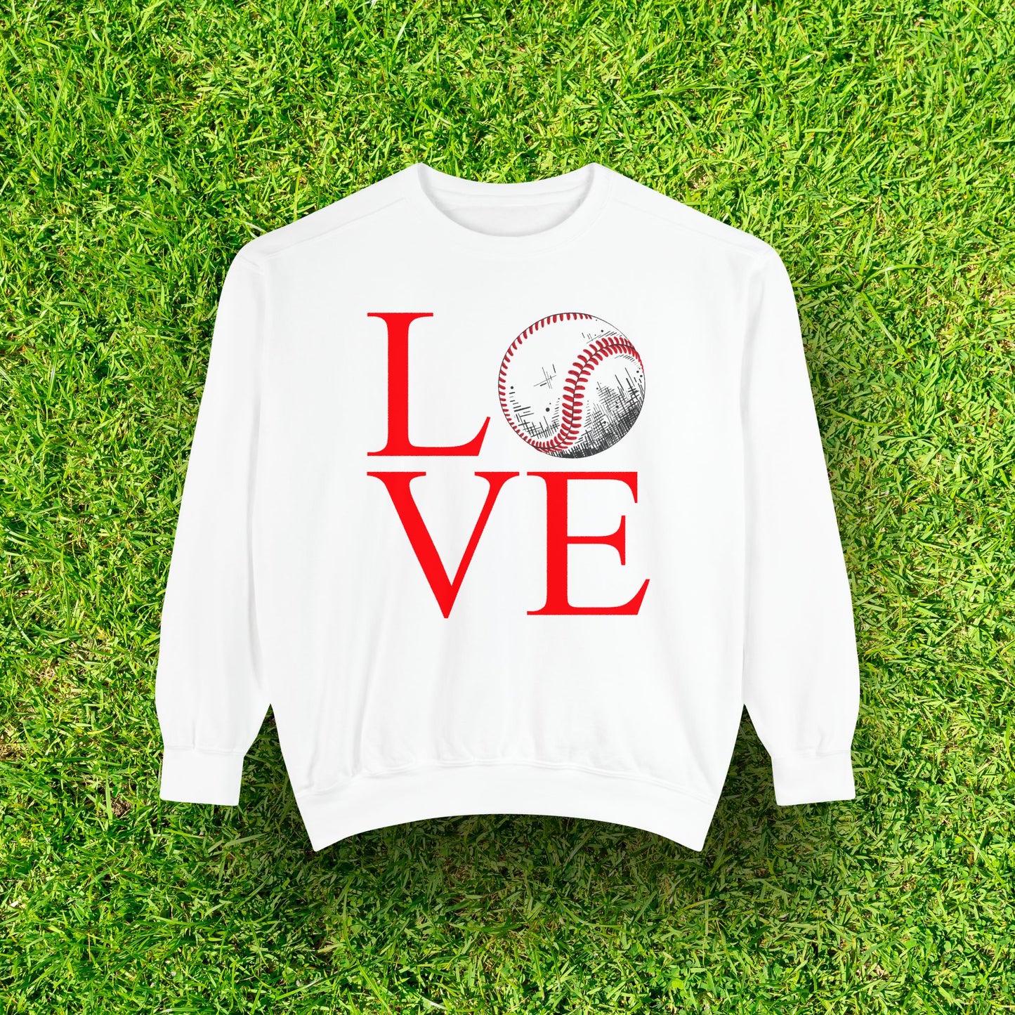 Eco-Friendly Baseball LOVE Garment-Dyed Sweatshirt - Sustainable Ring-Spun Cotton & Polyester Blend