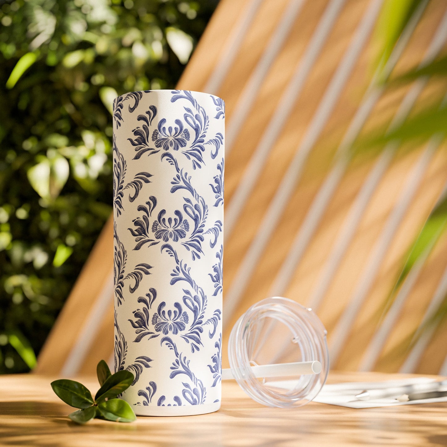 Blue Floral Skinny Tumbler with Straw, 20oz