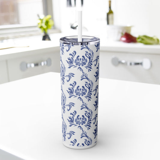 Blue Floral Skinny Tumbler with Straw, 20oz