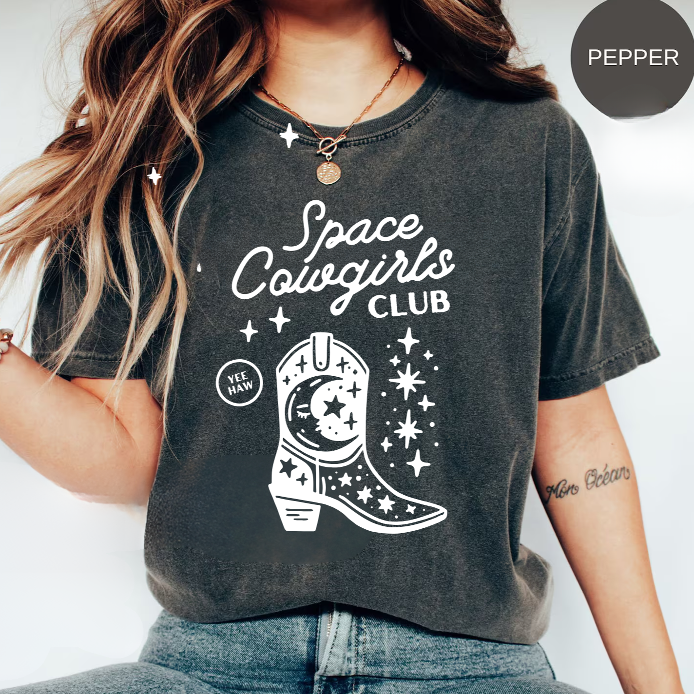 Space Cowgirls Oversized T-Shirt - Comfort Colors 1717, Distressed Look, Pepper Color, 100% Ring-Spun Cotton