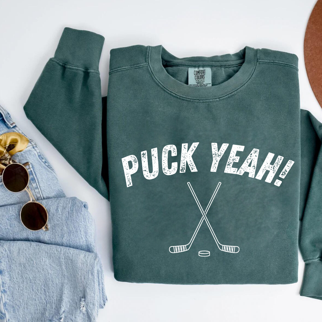 Eco-Friendly PUCK YEAH! Garment-Dyed Sweatshirt - Sustainable Ring-Spun Cotton & Polyester Blend